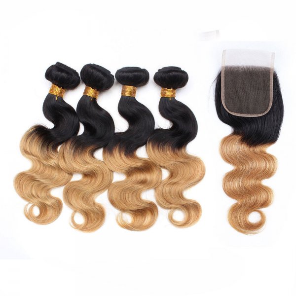 4 Bundles 1B/27 Ombre Brazilian Body Wave Human Remy Hair Weave With 4x4 Lace Closure