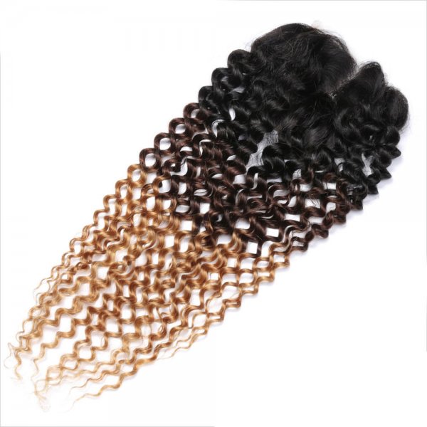 Ombre 1B/4/27 4x4 Lace Closure Deep Curly Human Brazilian Remy Hair