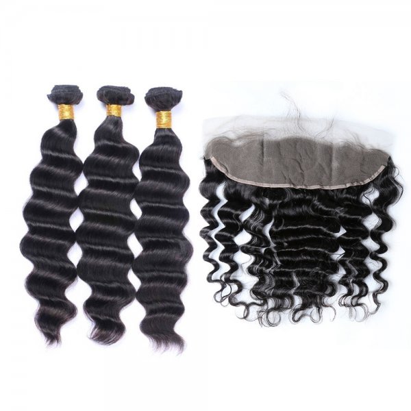7A 3 Bundles Brazilian Loose Deep Virgin Human Remy Hair Weave With 13x4 Lace Frontal Closure
