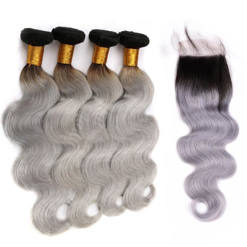 4 Bundles 1B/Grey Ombre Brazilian Body Wave Human Remy Hair Weave With 4x4 Lace Closure