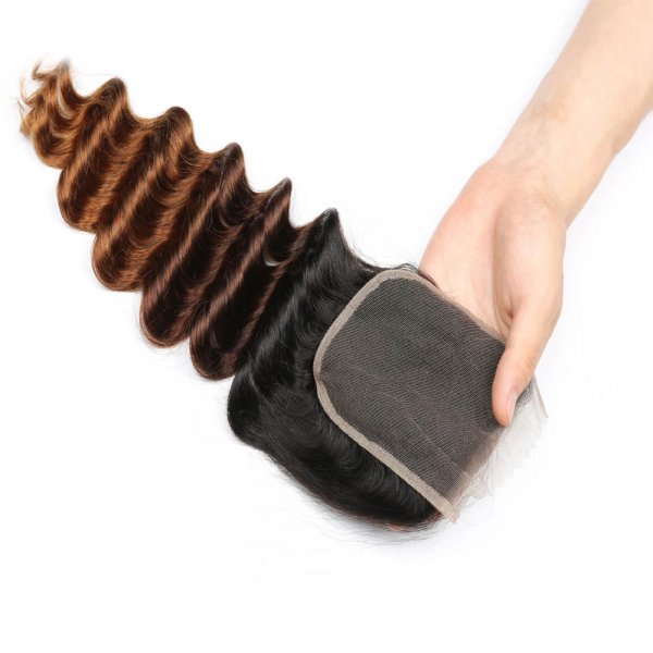 Ombre 1B/4/27 4x4 Lace Closure Deep Wave Human Brazilian Remy Hair