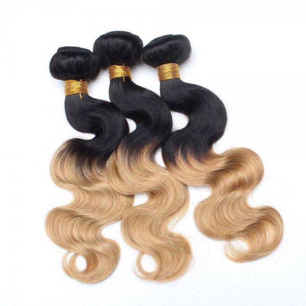 4 Bundles 1B/4/27 Ombre Brazilian Body Wave Human Remy Hair Weave With 4x4 Lace Closure