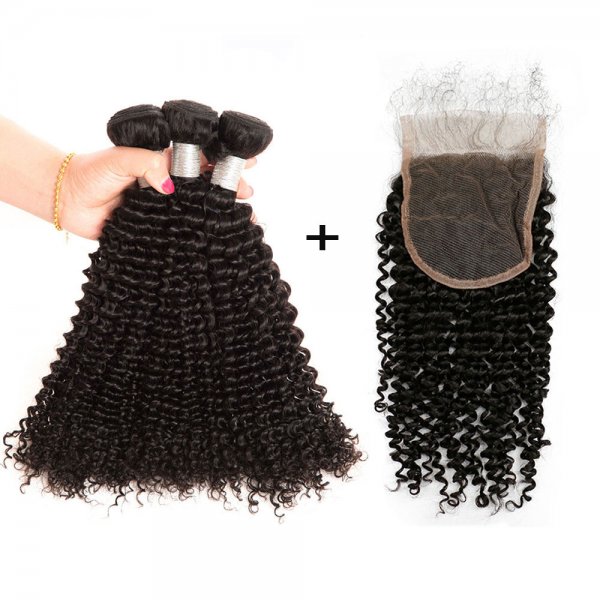 8A 3 Bundles Brazilian Kinky Curly Virgin Human Remy Hair Weave With 4x4 Lace Closure