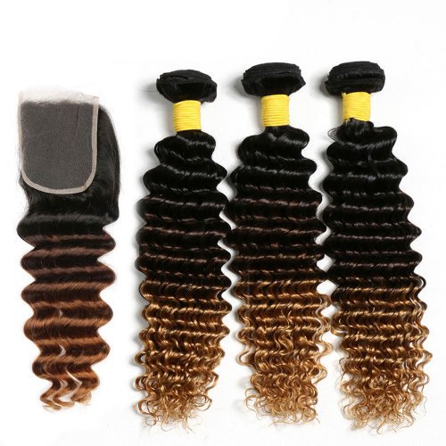 3 Bundles 1B/27 Ombre Brazilian Deep Wave Human Remy Hair Weave With 4x4 Lace Closure