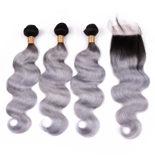 3 Bundles 1B/Grey Ombre Brazilian Body Wave Human Remy Hair Weave With 4x4 Lace Closure