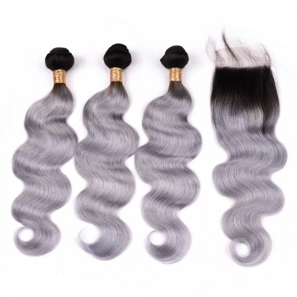 3 Bundles 1B/Grey Ombre Brazilian Body Wave Human Remy Hair Weave With 4x4 Lace Closure