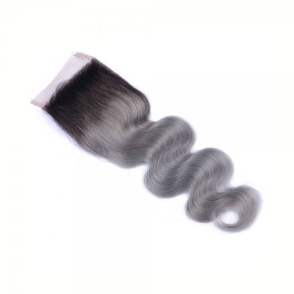 4 Bundles 1B/Grey Ombre Brazilian Body Wave Human Remy Hair Weave With 4x4 Lace Closure