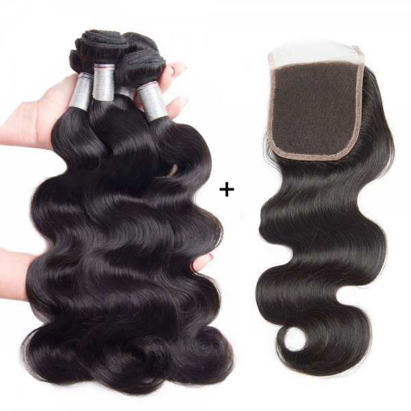 8A 4 Bundles Brazilian Body Wave Virgin Human Remy Hair Weave With 4x4 Lace Closure
