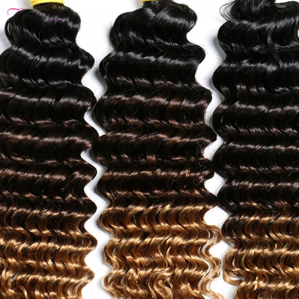 4 Bundles 1B/27 Ombre Brazilian Deep Wave Human Remy Hair Weave With 4x4 Lace Closure