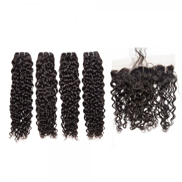 8A 4 Bundles Brazilian Natural Wave Virgin Human Remy Hair Weave With 13x4 Lace Frontal Closure