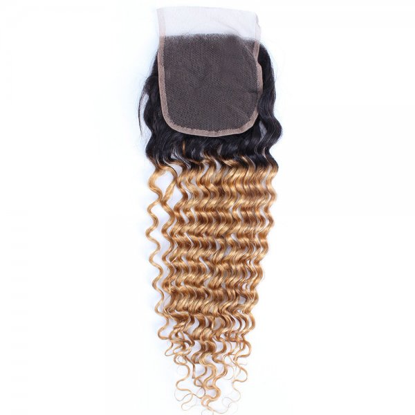 Ombre 1B/27 4x4 Lace Closure Deep Curly Human Brazilian Remy Hair