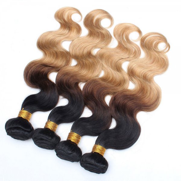3 Bundles 1B/4/27 Ombre Brazilian Body Wave Human Remy Hair Weave With 4x4 Lace Closure