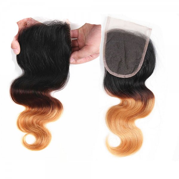 4 Bundles 1B/27 Ombre Brazilian Body Wave Human Remy Hair Weave With 4x4 Lace Closure