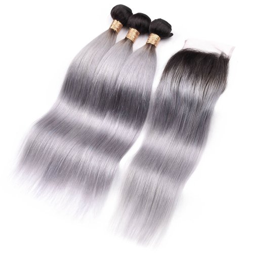 3 Bundles 1B/Grey Ombre Brazilian Straight Human Remy Hair Weave With 4x4 Lace Closure