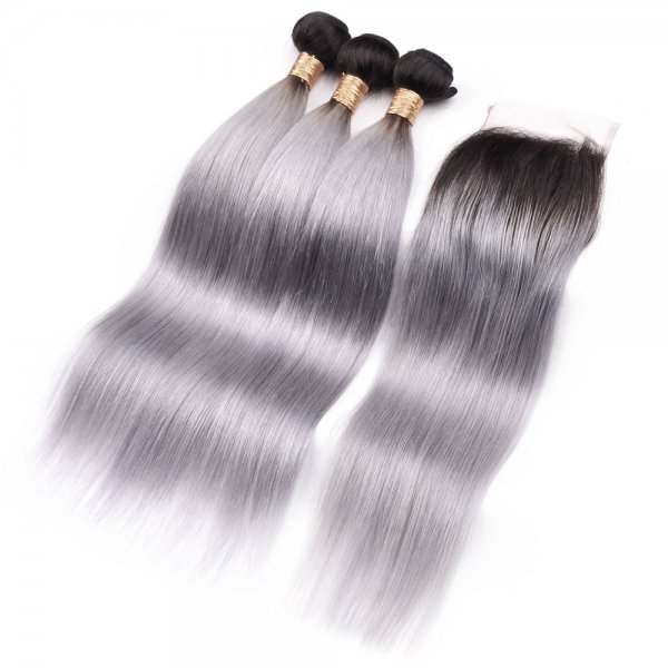 3 Bundles 1B/Grey Ombre Brazilian Straight Human Remy Hair Weave With 4x4 Lace Closure