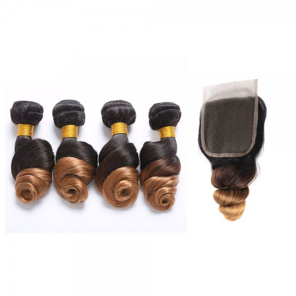 4 Bundles 1B/27 Ombre Brazilian Loose Wave Human Remy Hair Weave With 4x4 Lace Closure