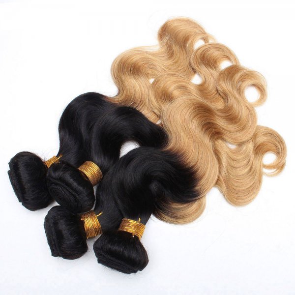 4 Bundles 1B/4/27 Ombre Brazilian Body Wave Human Remy Hair Weave With 4x4 Lace Closure
