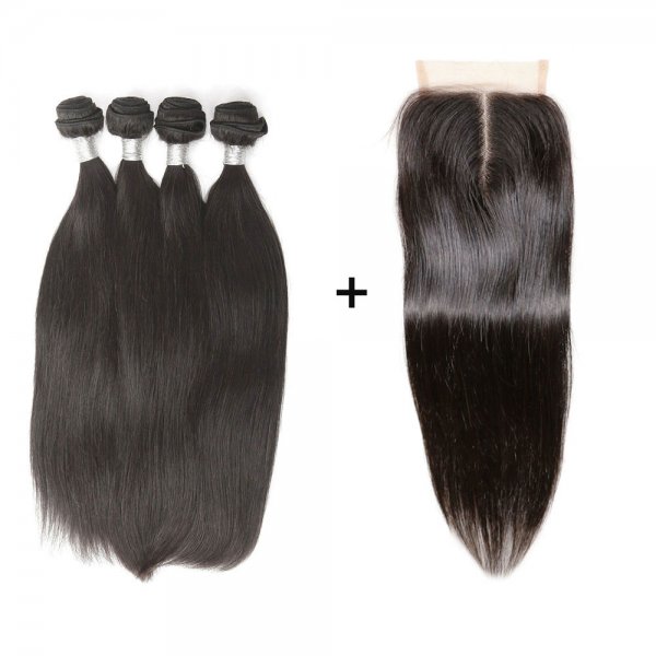 8A 4 Bundles Brazilian Straight Virgin Human Remy Hair Weave With 4x4 Lace Closure